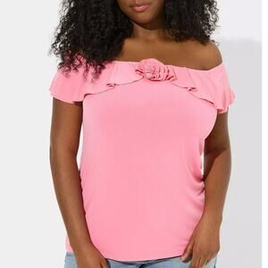 Torrid Blouse Women 2X Studio Knit Off Shoulder Ruffle Rosette Top Bubblegum NEW